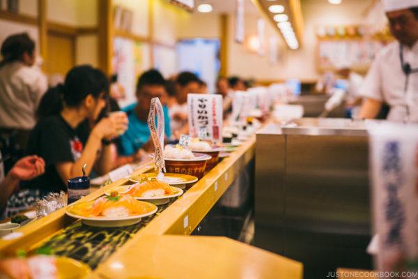 sushi on conveyer belt at Toriton Sushi - Tokyo Skytree Guide | www.justonecookbook.com