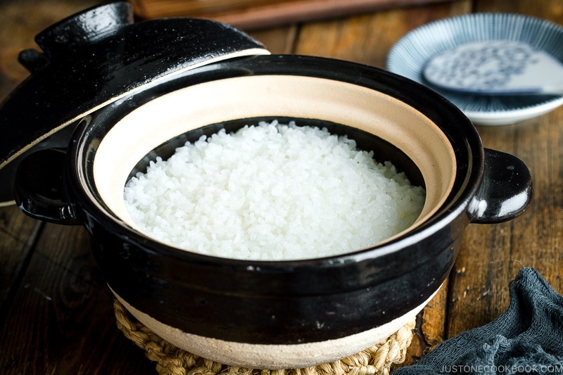 Japanese short grain rice in a donabe pot