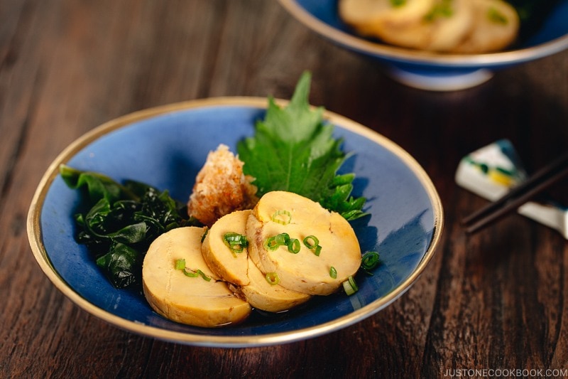 Ankimo served on a blue plate.