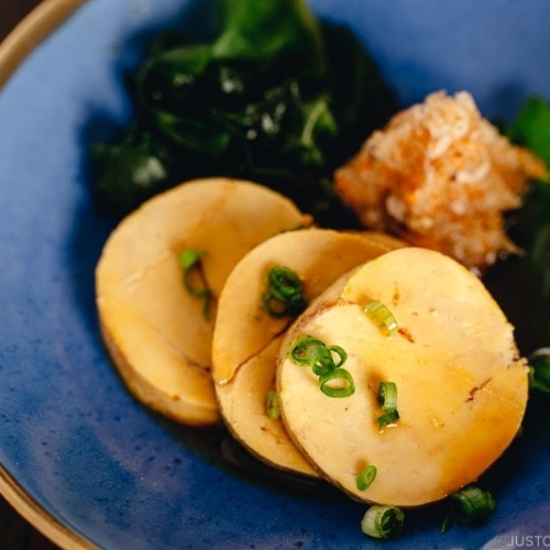 Ankimo served on a blue plate.