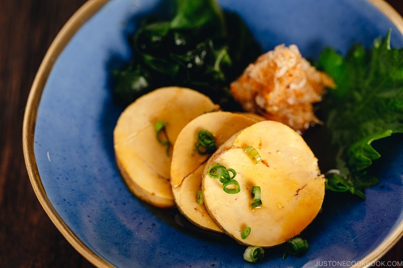 Ankimo served on a blue plate.