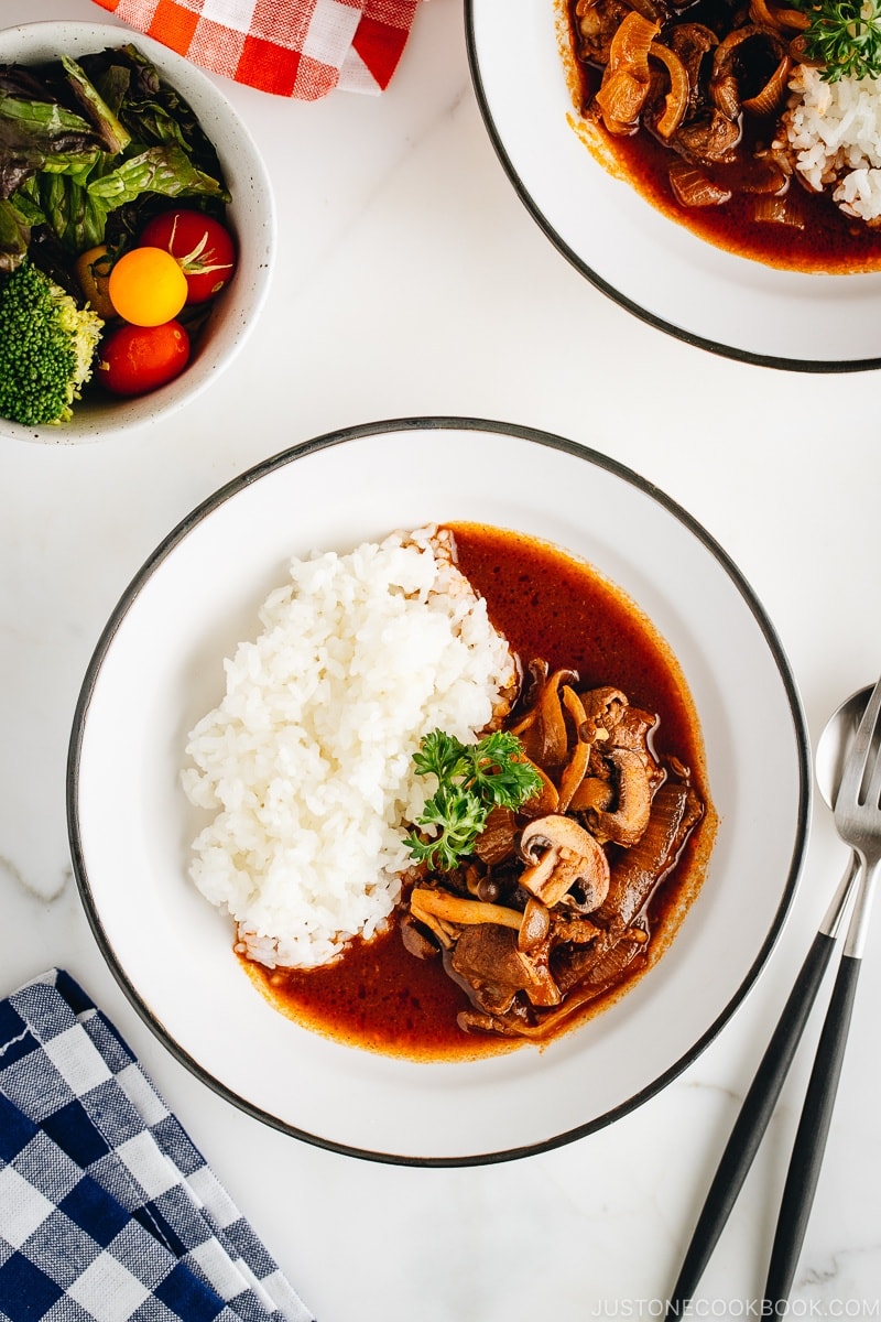 Hayashi Rice (Hashed Beef) served over rice.