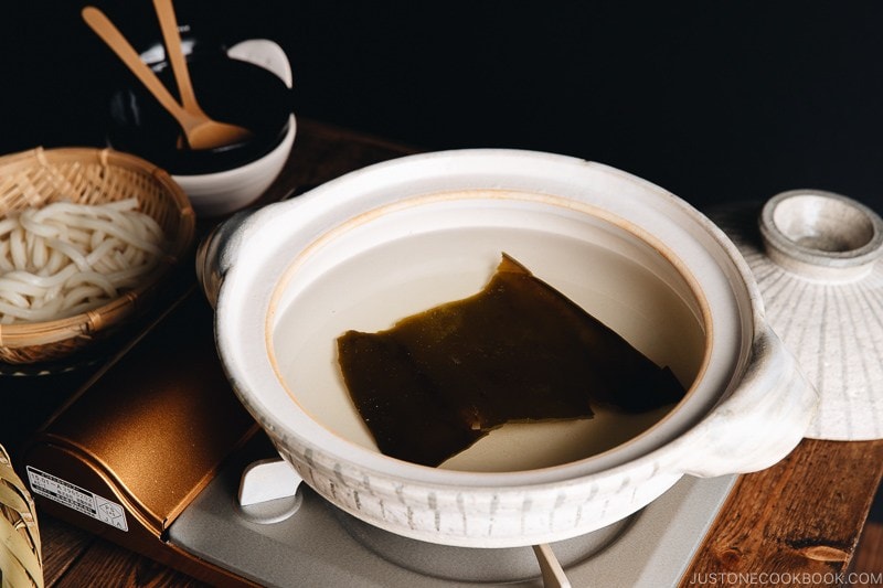 Kombu dashi in a donabe hot pot.