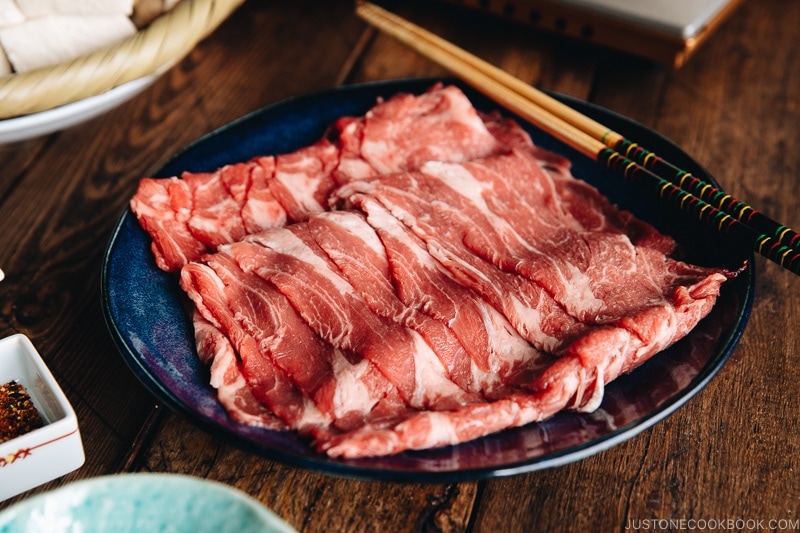 Thinly sliced well-marbled beef for shabu shabu.