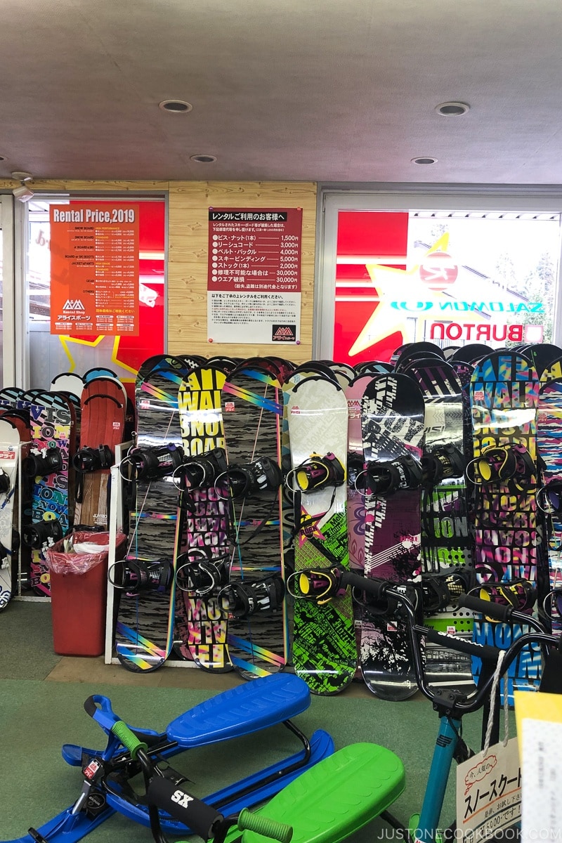 snowboards inside Arai Sports rental shop at Tsugaike - Hakuba Travel and Ski Guide | www.justonecookbook.com