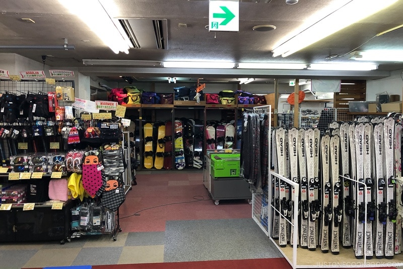 ski and accessories inside Arai Sports rental shop at Tsugaike - Hakuba Travel and Ski Guide | www.justonecookbook.com