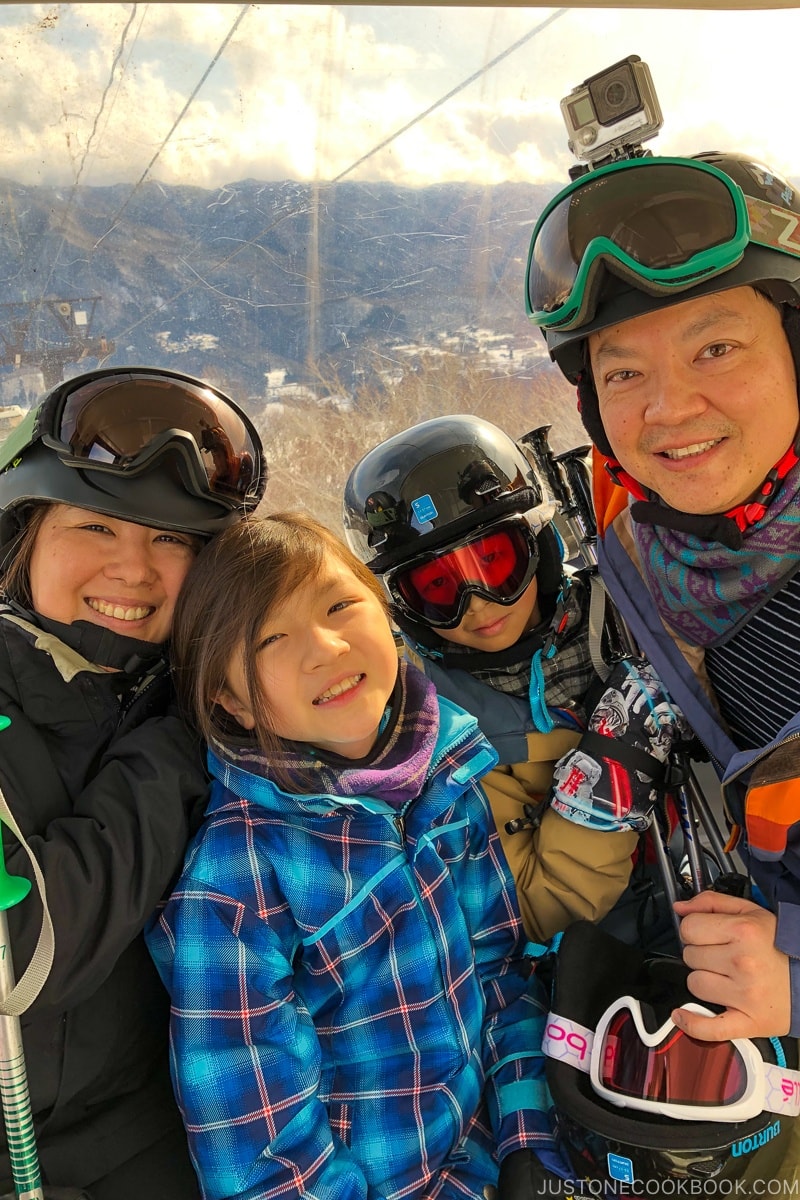 Just One Cookbook family on the gondola at Tsugaike Ski Resort - Hakuba Travel and Ski Guide | www.justonecookbook.com