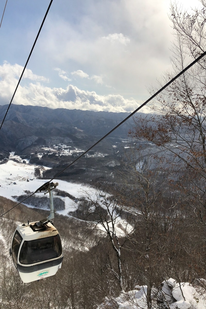 view of a gondola heading down the hill at Tsugaike Ski Resort - Hakuba Travel and Ski Guide | www.justonecookbook.com