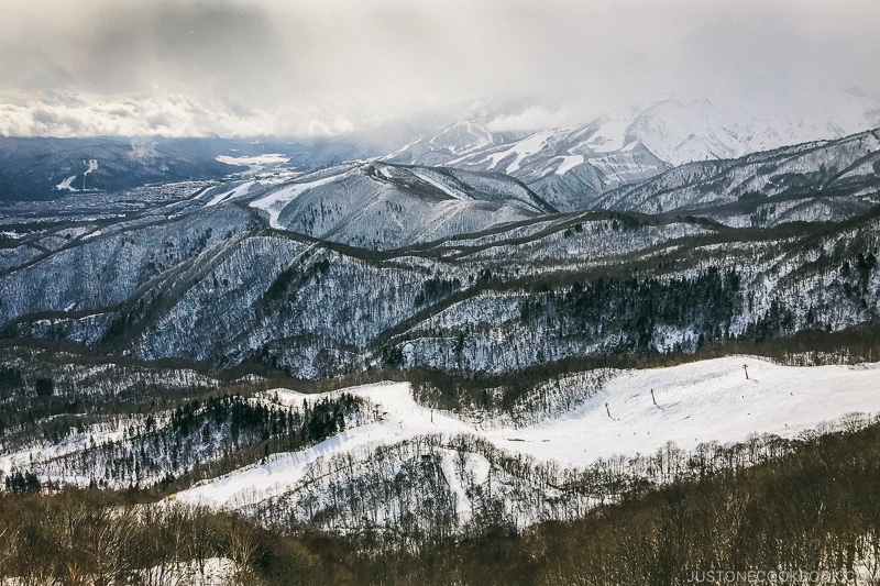 view of Hakuba Iwatake Ski Field from Tsugaike Ski Resort - Hakuba Travel and Ski Guide | www.justonecookbook.com