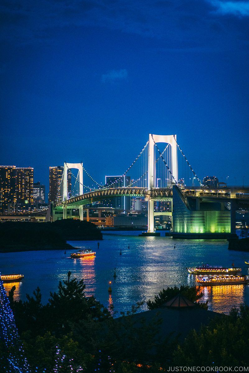 nighttime view of Rainbow Bridge from Odaiba - Tokyo Odaiba Travel Guide | www.justonecookbook.com