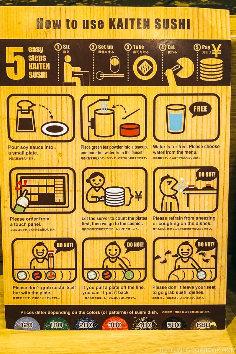 Kaiten sushi instructions at Toppi Sushi Venus Fort - Tokyo Odaiba Travel Guide | www.justonecookbook.com