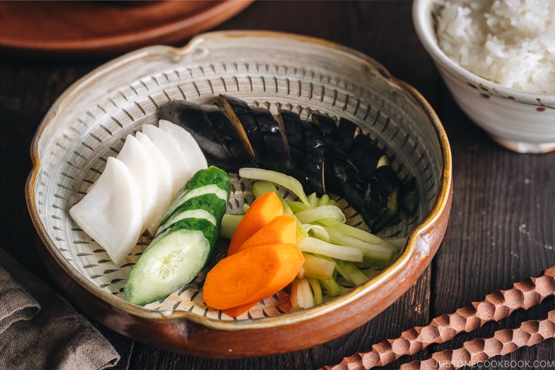 Tsukemono in a Japanese ceramic.