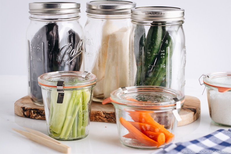 Tsukemono in mason jars.