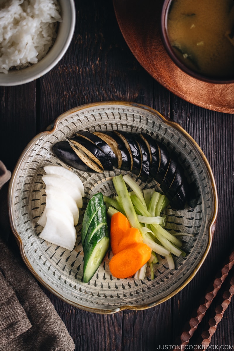 Tsukemono easy Japanese pickled vegetables featuring carrots, cucumbers, eggplants and daikon