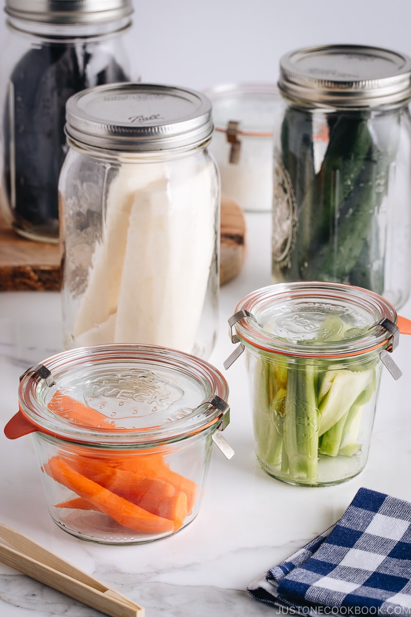 Tsukemono in mason jars.