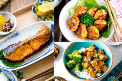 a collage of teriyaki recipes, including teriyaki salmon, teriyaki tofu with broccoli, and teriyaki meatballs