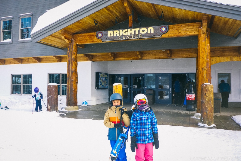 children in front of Brighton Center - Ski Vacation Planning in Utah | www.justonecookbook.com