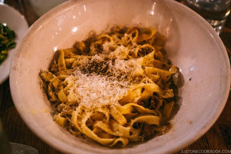 Pasta Carbonara with fettuccine and smoked bacon at The Copper Onion - Ski Vacation Planning in Utah | www.justonecookbook.com