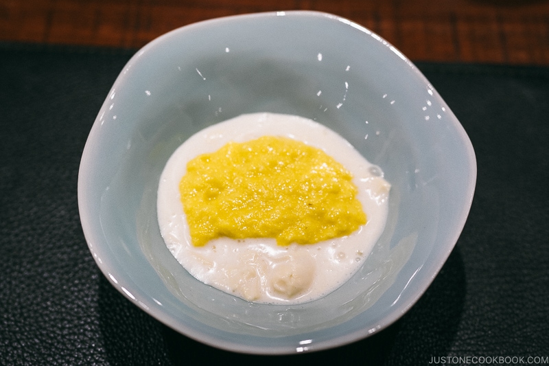 Corn and tofu skin( yuba) served in béchamel sauce - Restaurant Den Tokyo | www.justonecookbook.com