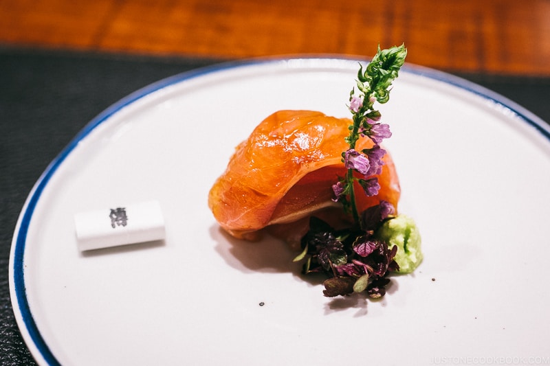 5-day aged Japanese bluefish (Bigeye or called Kuromutsu) marinated with soy sauce and served with wasabi - Restaurant Den Tokyo | www.justonecookbook.com