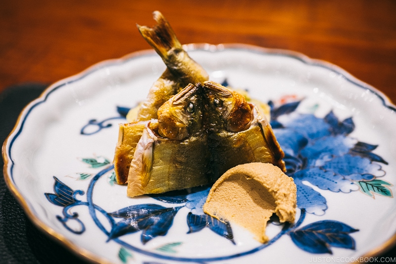 Dried Ayu, Ayu liver paste and rice bread colored with smartweed - Restaurant Den Tokyo | www.justonecookbook.com