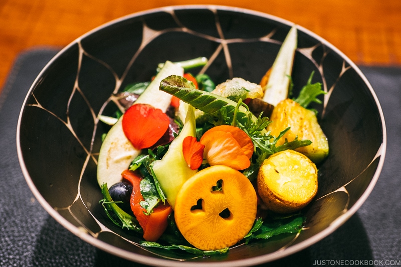 Signature salad with ant and more than 20 different kinds of vegetable and served in different ways such as deep-fried, pickled, grilled - Restaurant Den Tokyo | www.justonecookbook.com