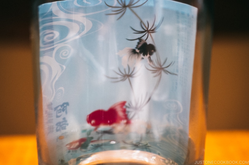  Abekan's gold fish label sake - Restaurant Den Tokyo | www.justonecookbook.com