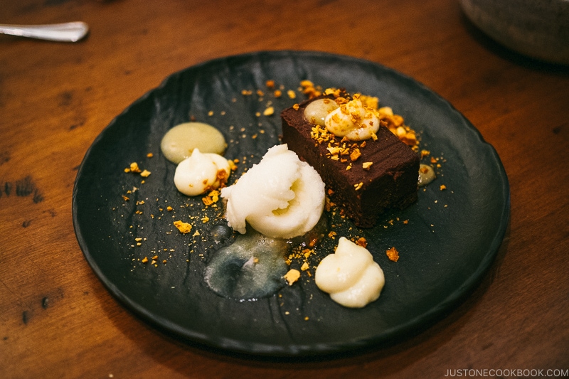 chocolate torte with pear sorbet at HSL Salt Lake City - Ski Vacation Planning in Utah | www.justonecookbook.com