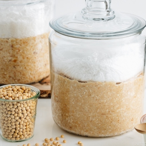 Homemade miso is in the making; soybeans, salt, and koji mixture in a glass jar.