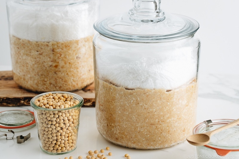 Homemade miso is in the making; soybeans, salt, and koji mixture in a glass jar.