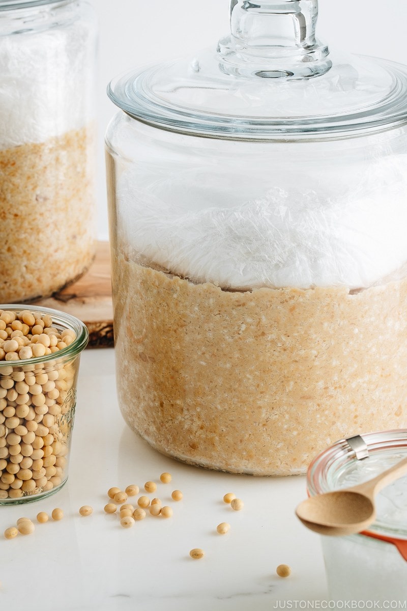 Homemade miso is in the making; soybeans, salt, and koji mixture in a glass jar.