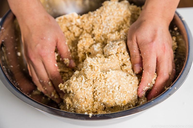 Knead the mixture of soybeans, salt, and koji