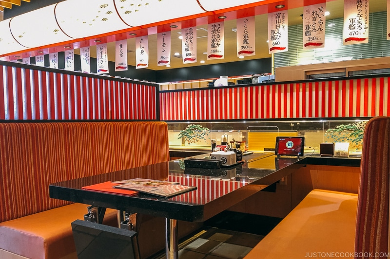 seating booth at sushi boat restaurant - Sushi Boat Kaiten Sushi | www.justonecookbook.com