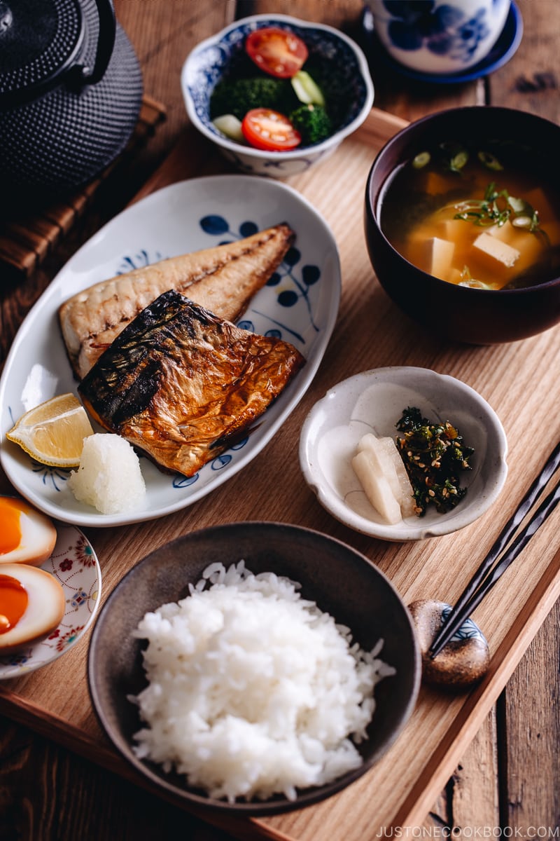 Japanese meal set with daikon leaves furikake and pickles in a small plate.