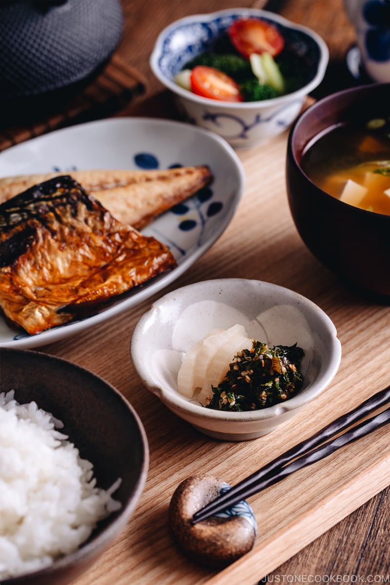 Japanese meal set with daikon leaves furikake and pickles in a small plate.