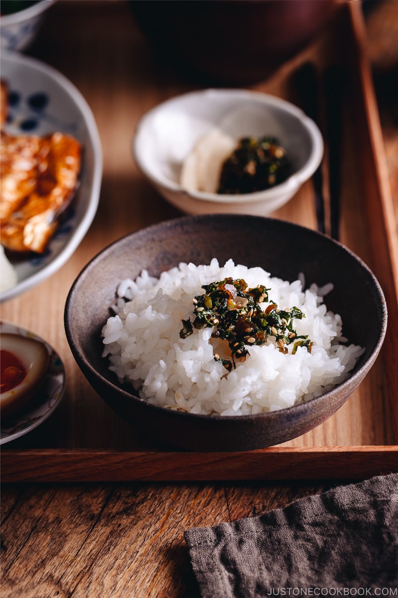 Daikon leaves furikake on the steamed rice.