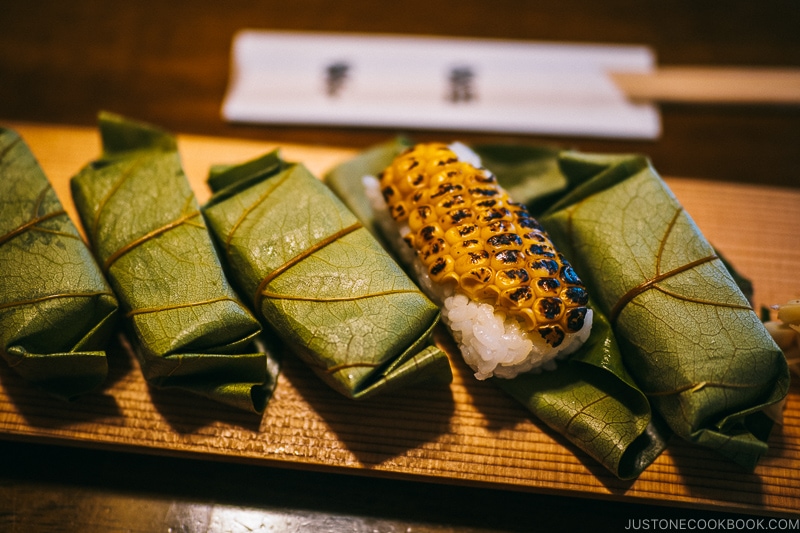 grilled corn sushi at Hirasou Nara - Nara Guide: Things to do in Nara | www.justonecookbook.com