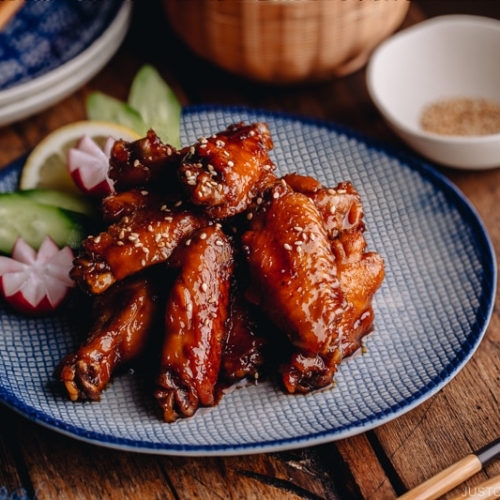 Orange teriyaki chicken wings on a blue patter.