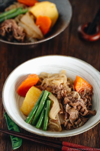 Pressure Cooker Instant Pot Nikujaga (Japanese Meat and Potato Stew) in a white bowl.