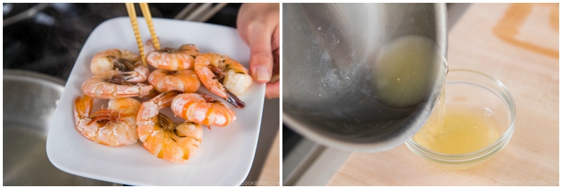 taking shrimp out from a pan