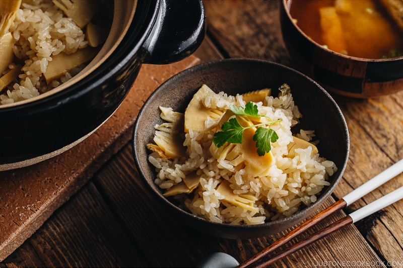 Bamboo rice in a bizen Japanese rice bowl and in a donabe (Japanese clay pot).