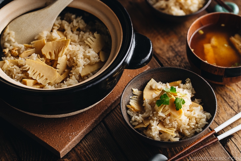 Bamboo rice in a bizen Japanese rice bowl and in a donabe (Japanese clay pot).