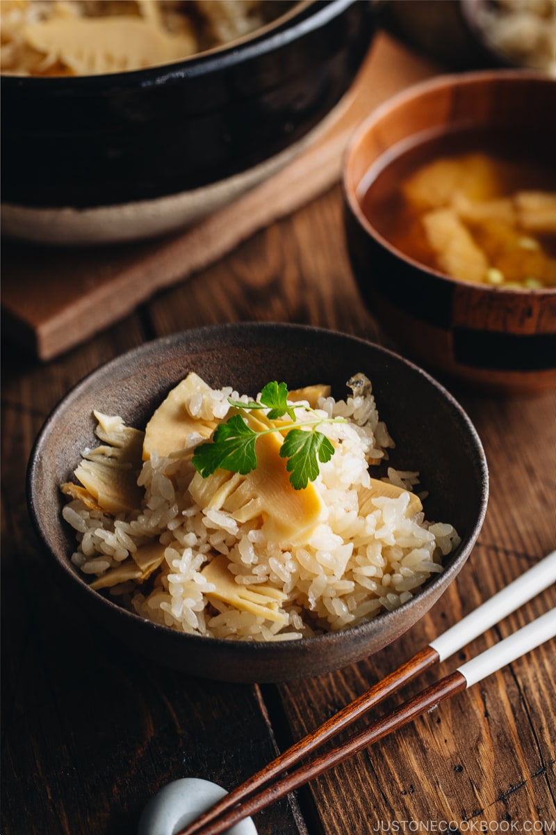 Bamboo rice in a bizen Japanese rice bowl and in a donabe (Japanese clay pot).