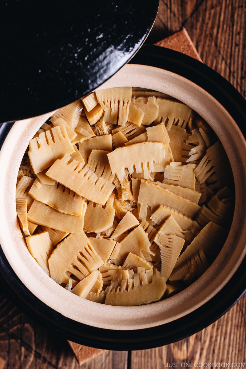 Bamboo rice in a donabe (Japanese clay pot).