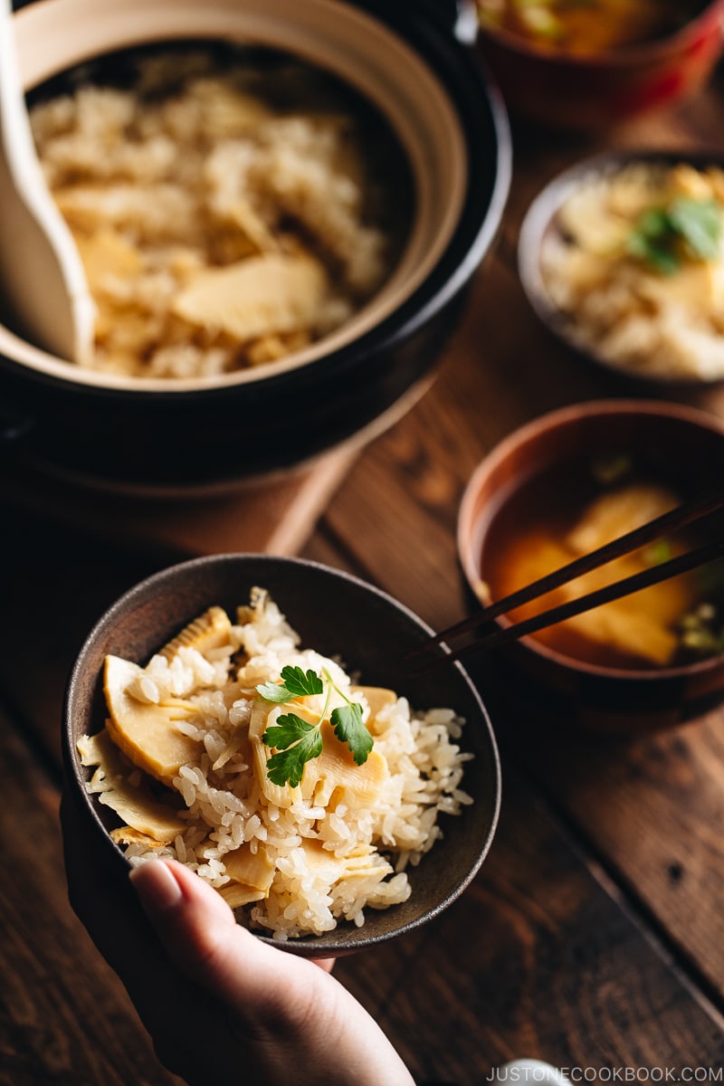 Bamboo rice in a bizen Japanese rice bowl and in a donabe (Japanese clay pot).