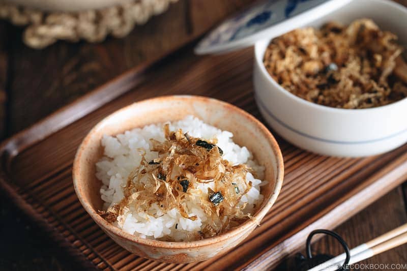 Homemade Japanese Rice Seasoning being served over steamed rice.