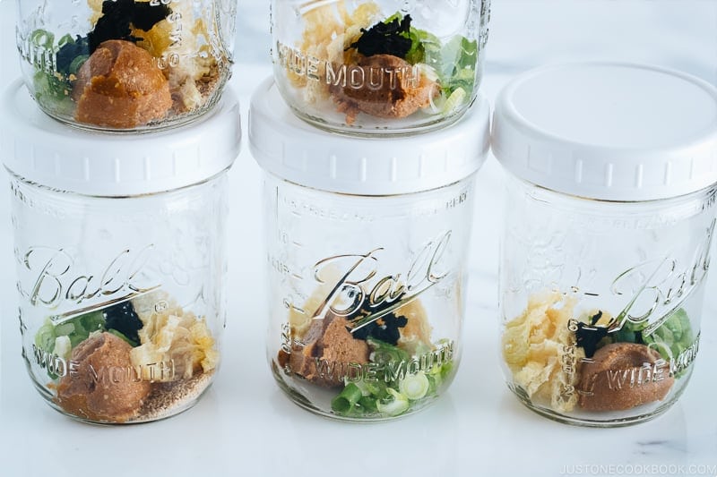 Homemade instant miso soup in mason jars.