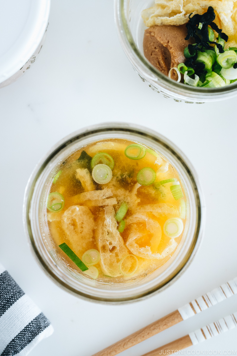 Homemade instant miso soup in a mason jar.