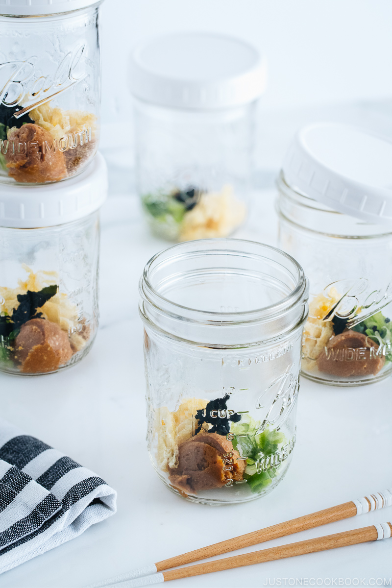 Homemade Instant Miso Soup in mason jars, ready for hot water.