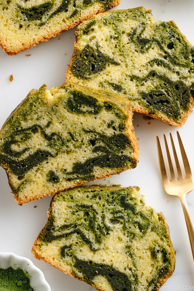 Beautiful matcha marble pound cake slices showing the swirl.